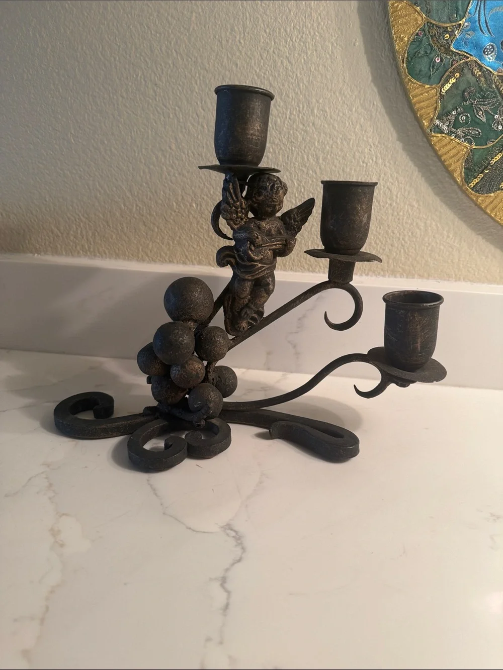 Vintage Wrought Iron Cherub Grapes Metal 3-Arm Candelabra